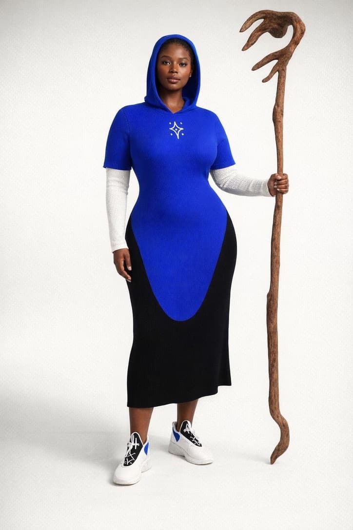 Dual-Tone Hooded Dress in blue and black