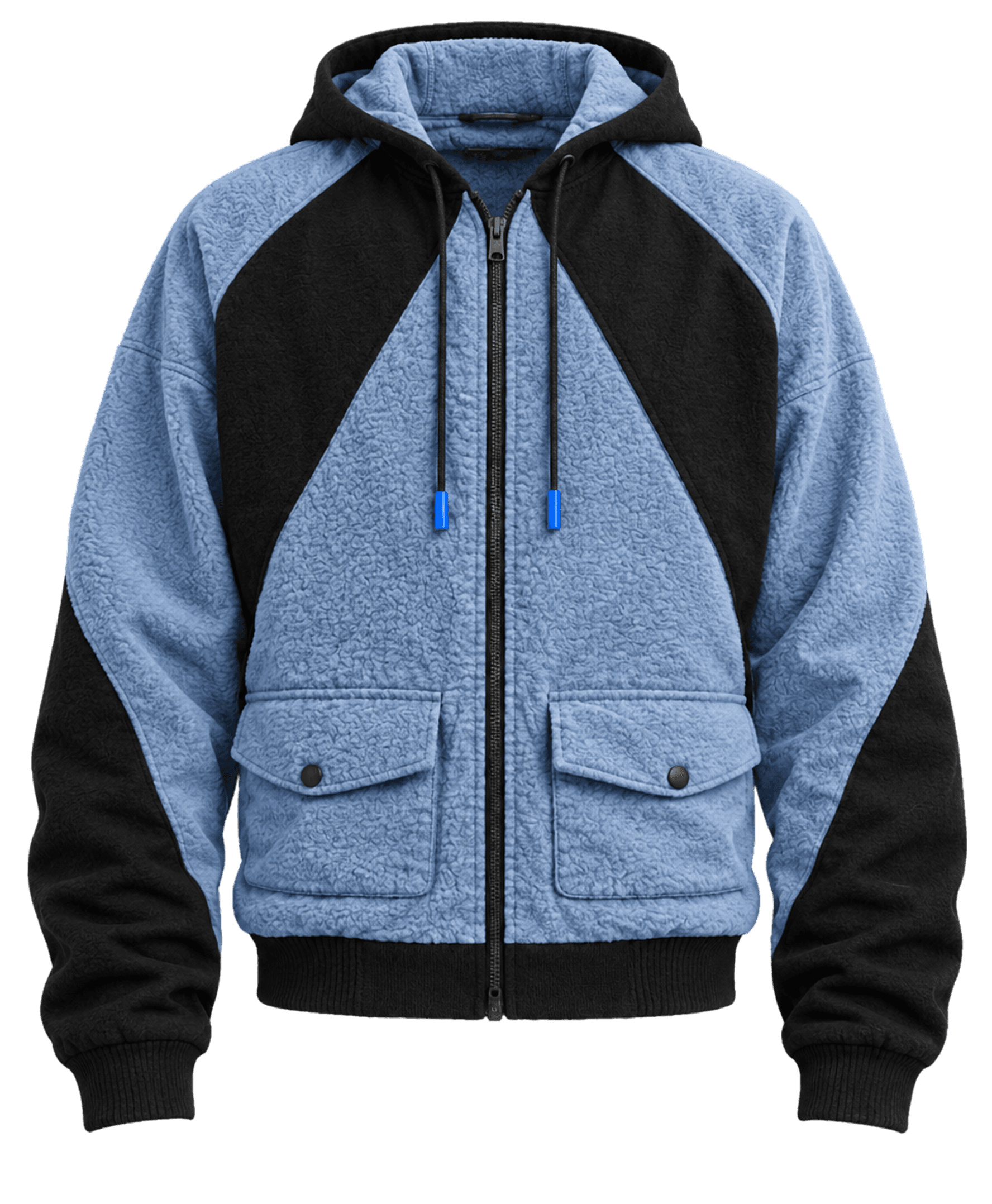 Zip hoodie in blue fleece and black